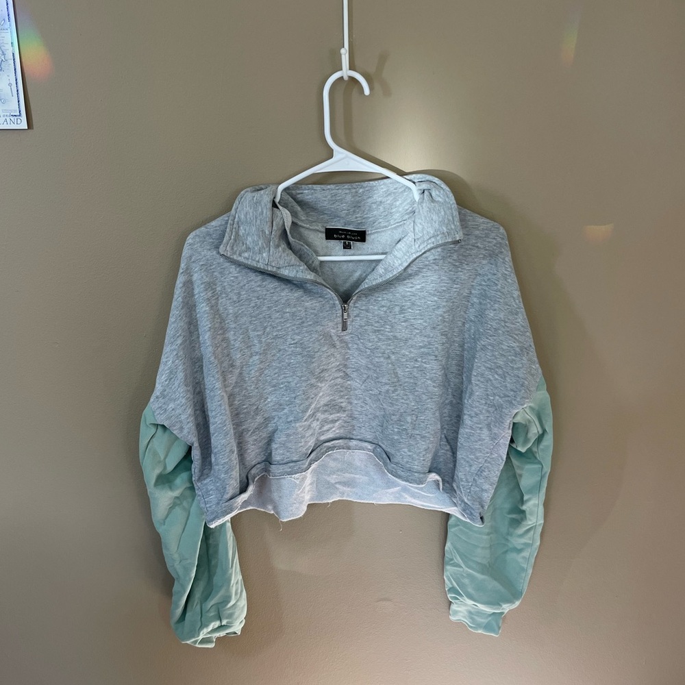 Blue Blush Small S Gray Green Colorblock Cropped Quarter Zip Sweatshirt Pullover